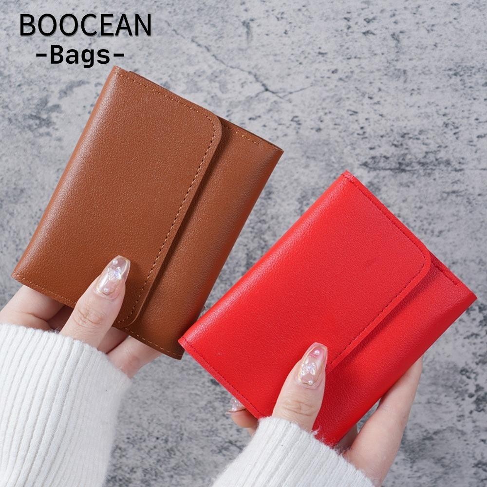 BOOCEAN Ví nữ, Ví đựng tiền xu ba lần bằng da PU, Ví ngắn màu trơn nhiều thẻ di động dành cho nữ