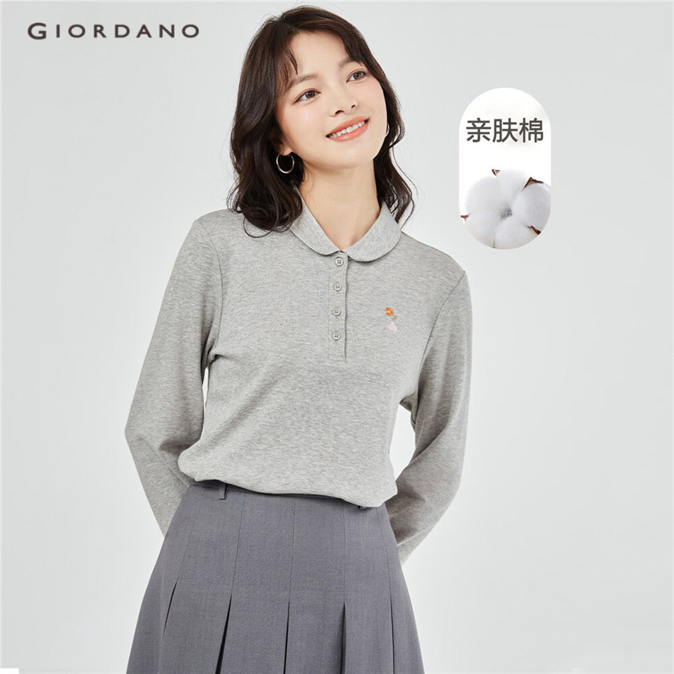 Áo thun polo GIORDANO 05313781 cotton tay dài thêu chữ thời trang dành cho nữ