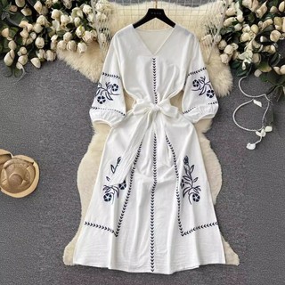 Thời Trang Nữ Vintage Thanh Lịch Bohemian Đảng Kỳ Nghỉ Phong Cách Dân Tộc Đầm Xuân Thu Cổ Tròn Đèn Lồng Tay Thêu Midi Váy