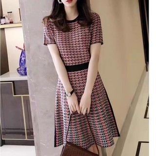 C & M Nữ Phong Cách Thanh Lịch Kẻ Sọc Đan Chiều Dài Trung Bình Đầm