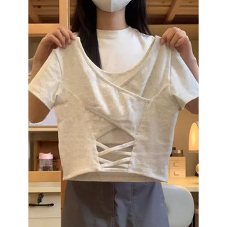 Cotton nguyên chất, màu trơn, tay ngắn, áo thun nữ, mùa hè, ngắn, áo, có đệm ngực, yoga, giảm béo, lưng, gợi cảm, đa năng CQZL