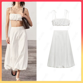 Zara mùa hè phong cách mới cổ thẳng mỏng sling + váy viền rộng cao2678371 2679371