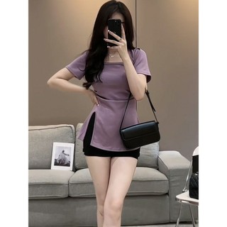 Thời Trang Không Đều Chia Khâu Cổ Vuông Tay Ngắn Slim-fit Áo Thun Nữ Top Mùa Hè