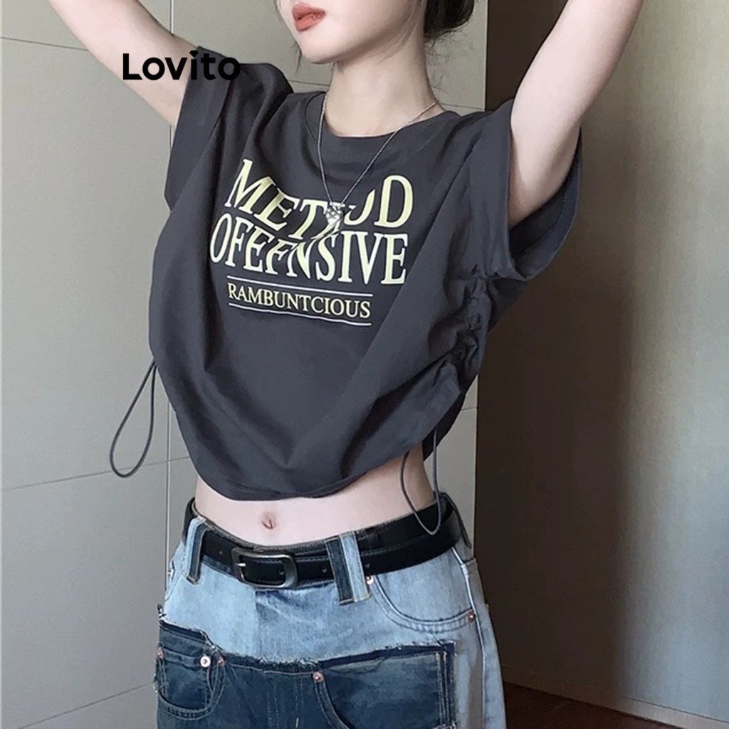 Lovito Áo thun dây rút chữ thông thường cho nữ LNE24217 (Màu xám đen) | BigBuy360 - bigbuy360.vn