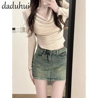 Daduhui American Ins High Street Retro Denim Skirt Niche High Waist A- Line Skirt Large Size Bag Hip Skirt