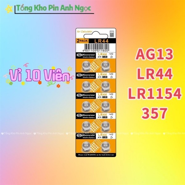 Vỉ 10 viên pin cúc áo AG13 / LR44 / SR44SW / A76 / 357 / L1154F