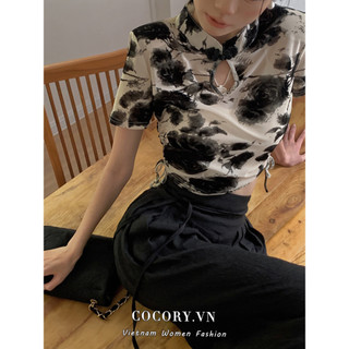 Cocorygirl 3 Màu Mới Trung Quốc Gợi Cảm Mỏng Đứng Lên Cổ Áo Thun Nữ Quần Áo Ren Lên Đầu