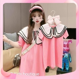 Váy đầm hồng viền đen trắng bánh bèo cho bé gái
