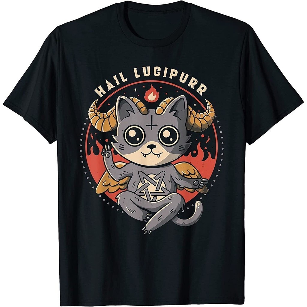 2024 bánh quế cho bạn bè Hail Lucipurr Devil Cat Lover Pentagram Satan Áo thun Baphomet dễ thương xs