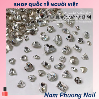 Set 10 viên đá pha lê, đá khối màu trắng siêu sáng, nhiều hình dạng trang trí móng tay nghệ thuật