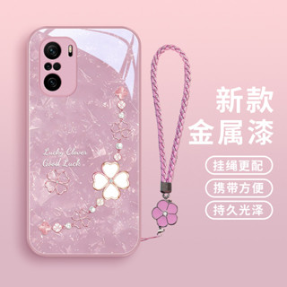 ốp lưng iphone x / xr / xsmax / 11 / 12 / 13 / 14plus / 15 / 16 Pro Max, Phụ kiện vỏ điện thoại thủy tinh lỏng thời trang cỏ ba lá may mắn,dây đeo điện thoại, chống sốc,