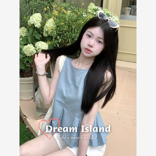 『Dream Island』Áo croptop không tay màu xanh ôm sát xếp ly phong cách Hàn Quốc đơn giản và đa năng