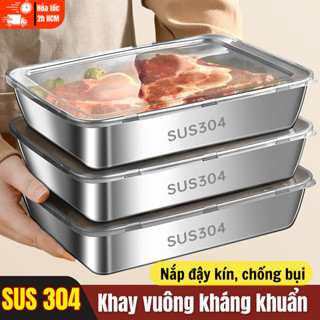  Khay inox 304 Bunnies House đựng thực phẩm nắp kín chữ nhật size lớn tiện dụng 