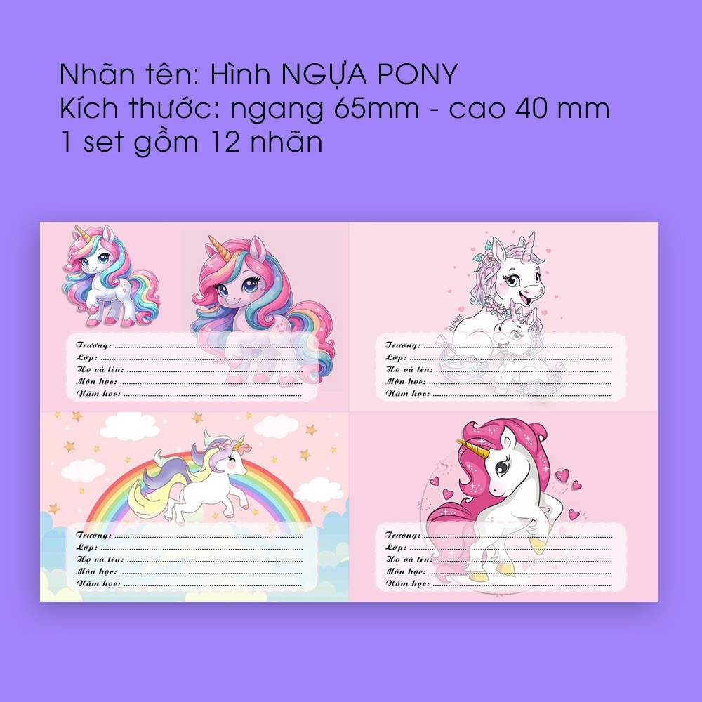 Combo 12 Nhãn vở Hình NGỰA PONY | Nhãn Dán Vở | Nhãn Dán Sách - Nhãn Dán Tập - Nhãn Tên |  111344