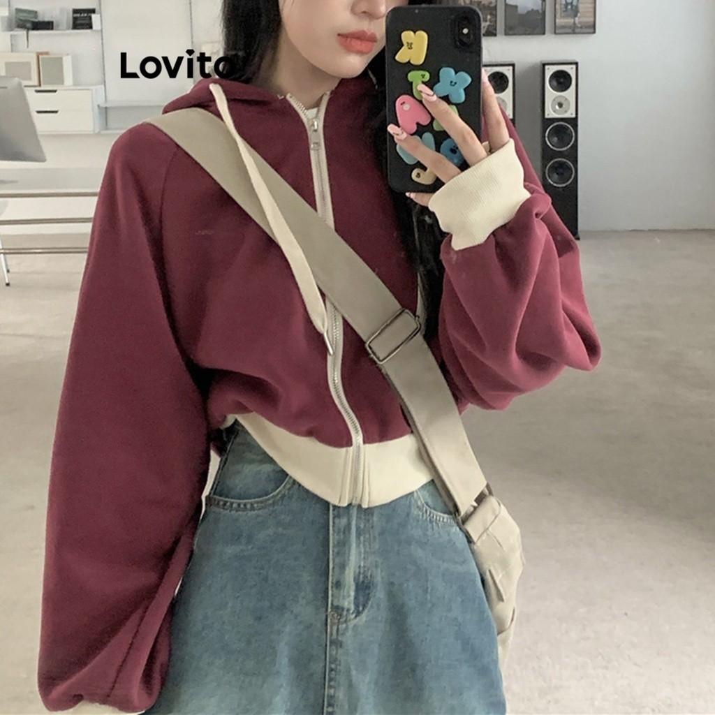 Áo khoác cardigan Lovito dây rút khóa kéo ghép nối màu sắc màu trơn thường ngày cho nữ LNA19151 (màu đỏ)