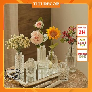 Bình hoa thủy tinh hoa văn trong, bình hoa gốm titi decor, lọ hoa thủy tinh phong cách vintage, lọ hoa thủy tinh decor