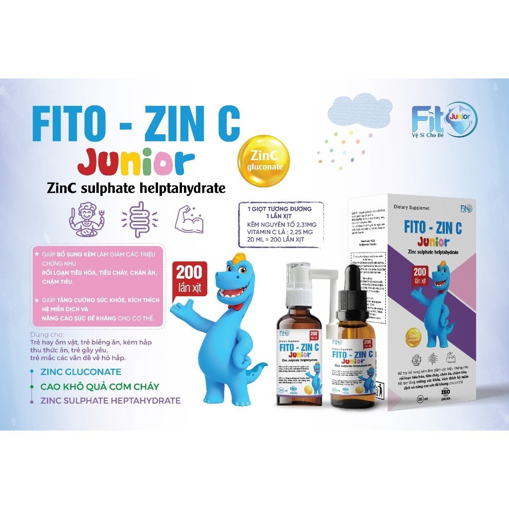 Xịt Kẽm Hữu Cơ ZinC Fito Junior, Giúp Bé Ăn Ngon, Tăng Hấp Thu, Giảm Ốm Vặt, Lọ 20ml