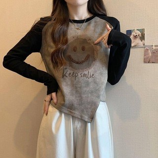 Đức Nhung Tie-Dye Áo Thun Dài Tay Nữ Thu Đông Phong Cách Mới In Chữ Loo