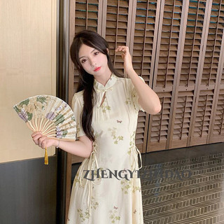 Zhengyizhidao Phong cách Trung Quốc mới phong cách dịu dàng retro ngọt ngào khóa váy nữ mùa hè cải tiến sườn xám thắt lưng váy dài