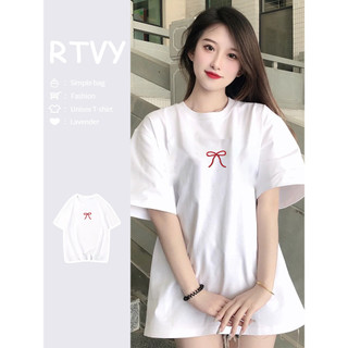 「RTVY」Áo thun Cotton ngắn tay nữ quá khổ nơ dáng rộng thường ngày