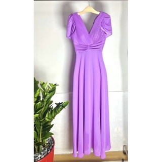 Đầm dạ hội trung niên đi tiệc choàng vai vải voan cổ V xếp ly nhấn eo tôn dáng size lớn 75kg, Đầm dạ hội choàng vai voan