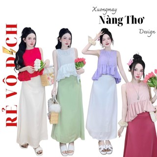 S666 set 2 món áo sát nách peplum 4 lớp bồng to+chân váy lụa 2 lớp chất đũi lenin