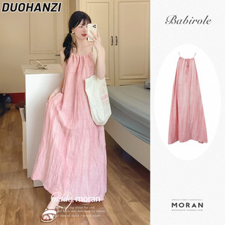 Duohanzi Váy dài treo màu hồng dành cho nữ, váy đi biển đi biển mùa hè, thiết kế cổ dây váy thích hợp
