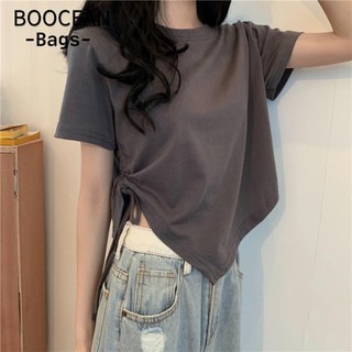 BOOCEAN Dây rút tay ngắn, Áo thun ngắn vai phong cách Hàn Quốc không đều, Tay Raglan mùa hè đa năng 2024 Nữ