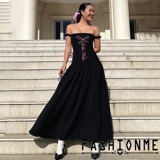 Fashionme-nữ lệch vai Váy bướm in chữ Corset Đầm dạ hội Váy dài