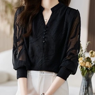  Áo Sơ Mi Voan Tay Ba Phần Tư Màu Đen Nữ 2025 Đầu Xuân Phong Cách Mới Thời Trang Thời Trang Giảm Tuổi Hàng Đầu 