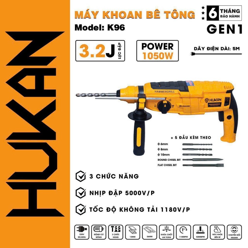 Máy khoan đục bê tông HUKAN K96, 3 Chức năng, Công suất 1050W, Tặng Bộ 5 Mũi khoan và Đục