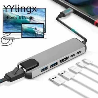 YYlingx Sạc Nhiều Cổng USB 3.1 Type-C PD RJ45 Gigabit Ethernet 4K Chất Liệu Hợp Kim Nhôm 6 Trong 1