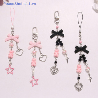 PeaceShells Goth Y2K Phone Charm Bow Keychain Pendant Kawaii Key Chain Bag For Girls Women Guitar Strap Lanyard Beaded Keychain Pendant VN
