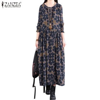 Zanzea Nữ Hàn Quốc Thời Trang Họa Tiết Hoa Cổ Tròn Váy Xù Cổ Tròn