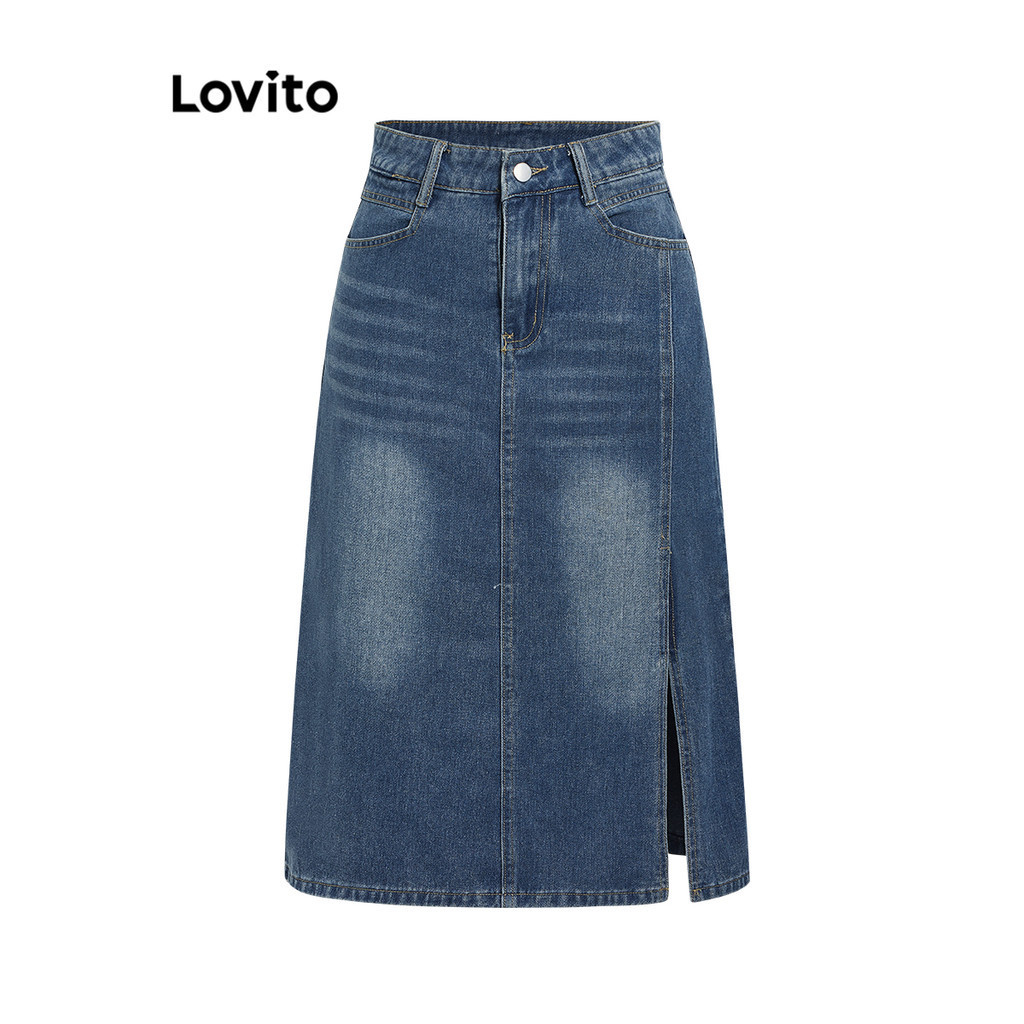 Chân váy Lovito denim phối thắt lưng xẻ tà trước màu trơn thường ngày cho nữ LNA26239 (màu xanh dương)
