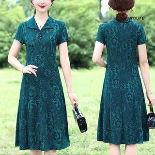 Ayyufe Nữ Váy Dài Mùa Xuân Thu Cổ Chữ V Ve Áo Cổ Hoa In Hình Tay Ngắn Chữ A Nữ Trung Niên Nữ Chiều Dài Đầu Gối Váy Midi