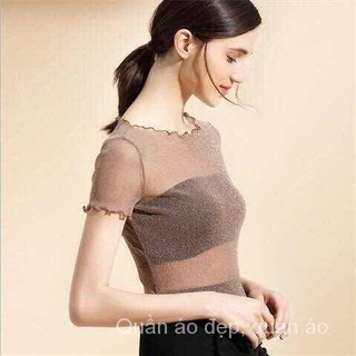 Phong Cách Mới Nửa Phần Gạc Đáy Áo Sơ Mi Nữ Tay Ngắn Gạc Áo Sơ Mi 2019 Phong Cách Mới Sáng Lụa Nấm Cạnh Ren Bên Trong Ngắn Top Mỏng ATWX
