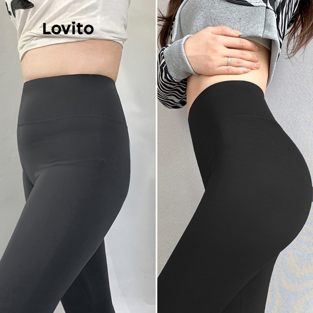 Quần legging Lovito cá mập lưng cao màu trơn cơ bản cho nữ LNE02002 (màu đen)