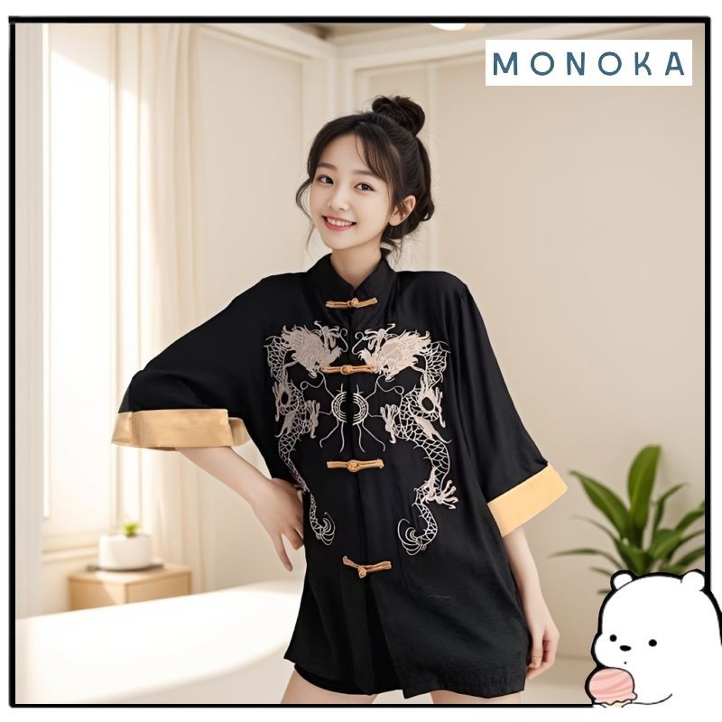 Áo sơ mi nam nữ kiểu Trung Hoa tay lỡ Áo kiểu Trung Quốc cúc vải tàu đi chơi Tết chất voan lụa mềm mịn T34G MONOKA SHOP