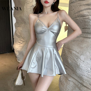 Weania Night Show Váy Pu hở lưng cổ chữ V sâu gợi cảm