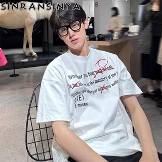 Sinransinya Áo thun nam mới kiểu Mỹ cổ điển đường phố cotton nguyên chất cao cấp giấy kiểm tra in chữ mùa hè tối giản dáng rộng phù hợp với cặp đôi sinh viên cổ tròn nửa tay