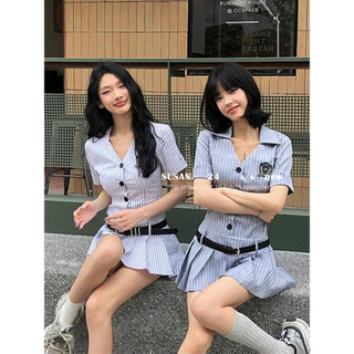 Mới phong cách mỹ preppy phong cách áo sơ mi sọc đầm nữ eo nẹp v