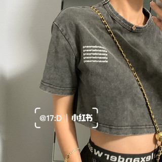 [Với Brandtag] Áo thun cổ tròn Crop Top Áo thun ngắn tay màu xám Áo sơ mi nữ mùa hè Áo cơ bản dành cho nữ
