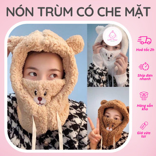 Nón len trùm đầu có khẩu trang giữ ấm cho bé từ 3 tuổi