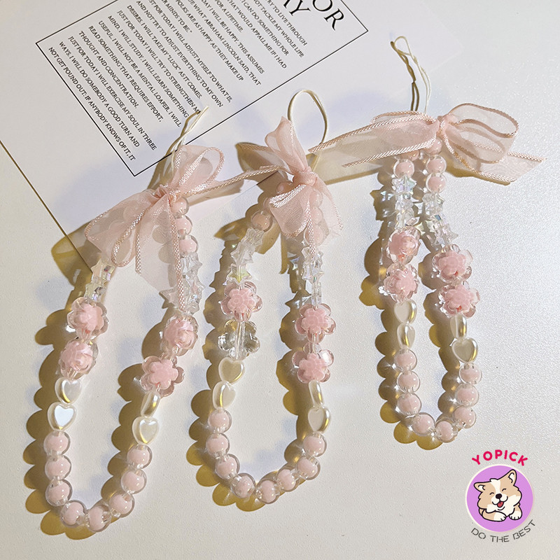 Phong Cách Hàn Quốc Trái Tim Nữ Tính Thắt Nơ Tính Khí Dây Chuyền Đính Hạt Dễ Thương Đồ Trang Trí Thích Hợp Cho Tất Cả Các Vỏ Điện Thoại DIY Chống Mất Phụ Kiện Điện Thoại Di Động Cầm Tay Dây Đeo Cổ Tay