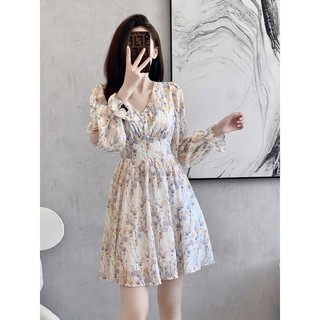 Retro Pháp Cổ Chữ V Hoa Voan Đầm Đơn Giản Phù Hợp Với Niche Tính Khí Đầm plus Kích Thước Chữ A Váy Quần Áo Nữ