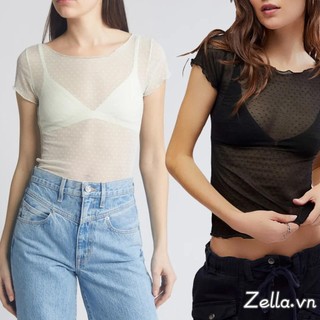 Áo thun nữ lưới xuyên thấu Áo thun ngắn tay cổ thuyền mỏng vừa vặn cho đồ dạo phố mùa hè