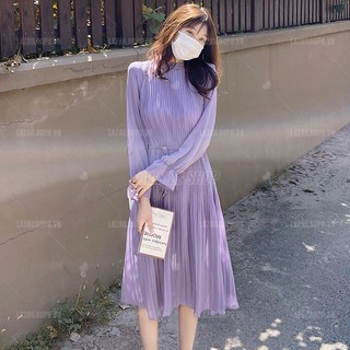 Đầm voan Bigsize Váy nữ dáng suông tay dài thắt eo xếp ly mùa xuân Phong cách Hàn Quốc Thời Trang sang chảnh cá tính xinh đẹp quảng châu cao cấp