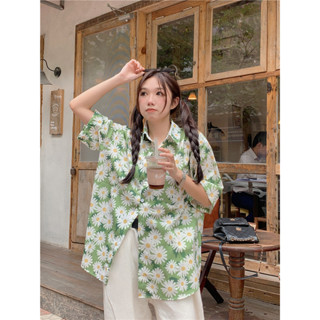 Phong cách nghỉ mát mùa hè mới cổ điển in hoa cúc áo sơ mi tay ngắn dáng rộng áo sơ mi nữ