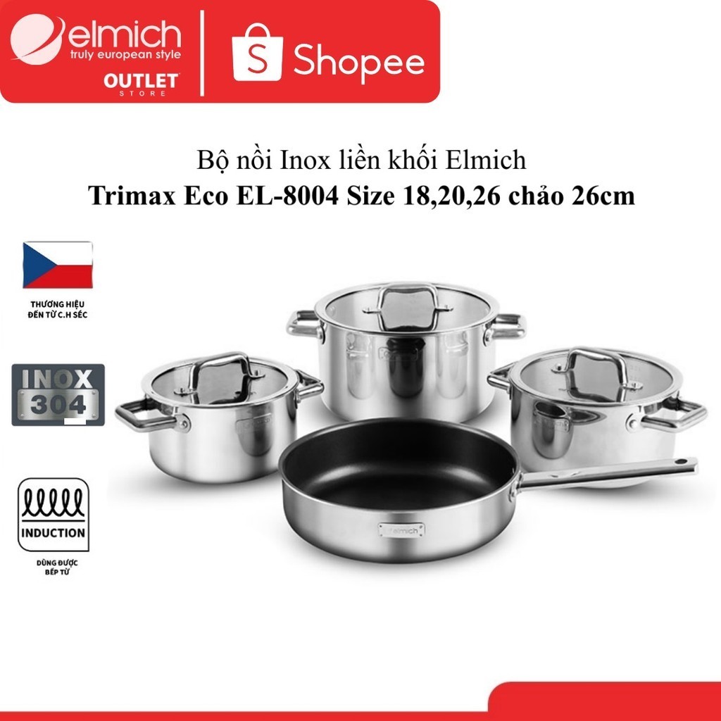 Bộ 4 Nồi Inox Liền Đáy Elmich Trimax ECO EL-8004 size 18, 20, 26 Chảo 26cm